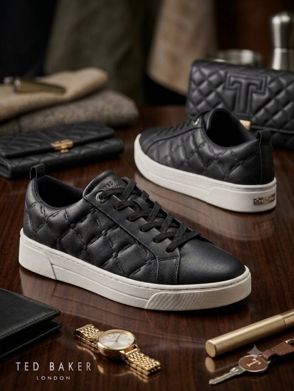 Ted Baker Madisson Women's Black Leather Embossed Quilted Sneakers Size 7.5